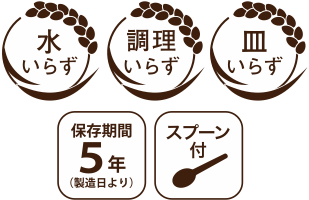 水・調理・皿いらず、保存期間５年、スプーン付き